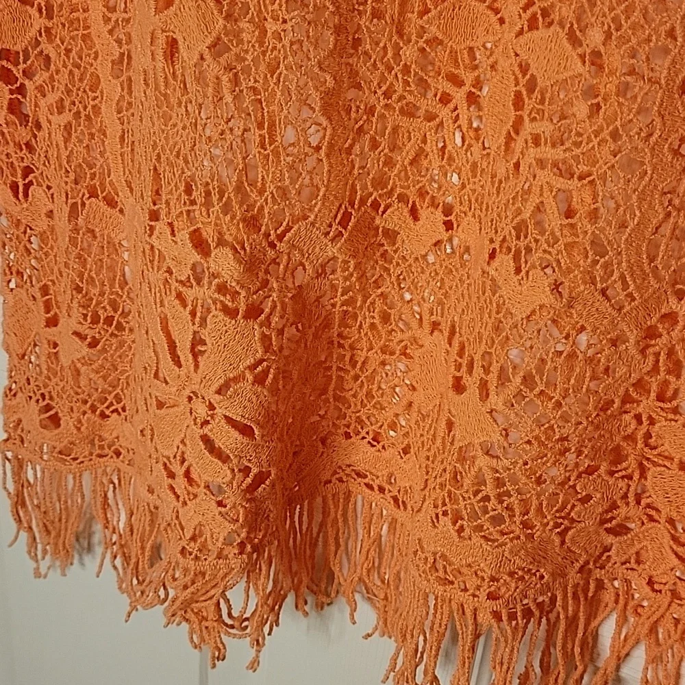 Cato XL Lace Overlay Tunic with Fringe Orange Coral